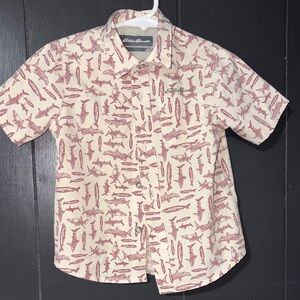 Eddie Bauer Men's Beige and Red Fish Print Shirt